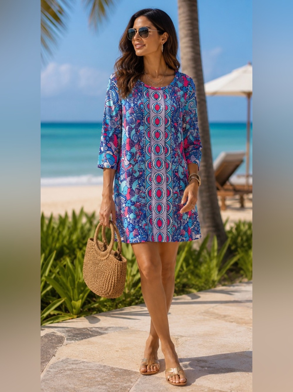 BNWOT Size Large Lilly Dress - beautiful pattern! PFSFH. 3/4 length sleeves